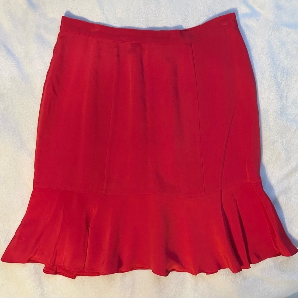 TRACY REESE FOR MAGASCHONI Red 100% Silk Flare Ruffle Hem Skirt Women’s 12